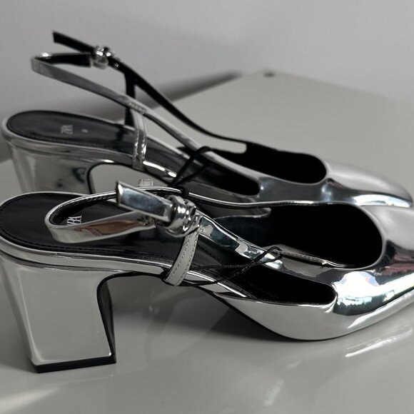 7.5/38 ZARA PARTY METALLIC SILVER SLINGBACK SHOES - Picture 2 of 6